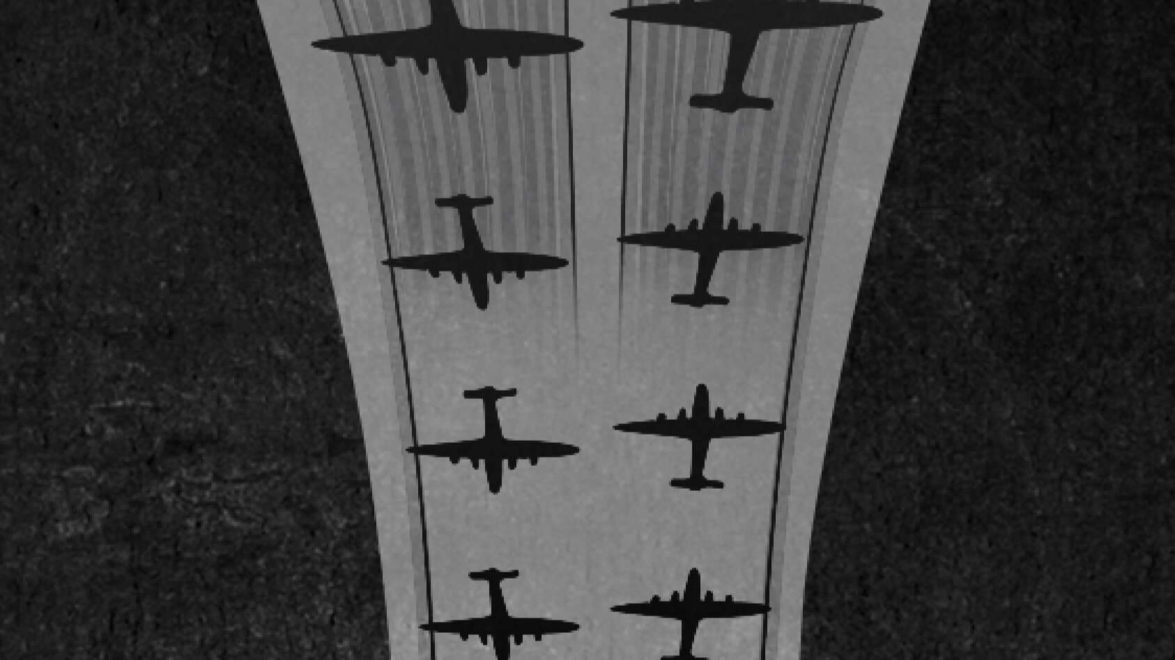Vor schwarzem Hintergrund erstreckt sich ein doppeltes graues Band mit kleinen schwarzen Flugzeugsilhouetten darin. 