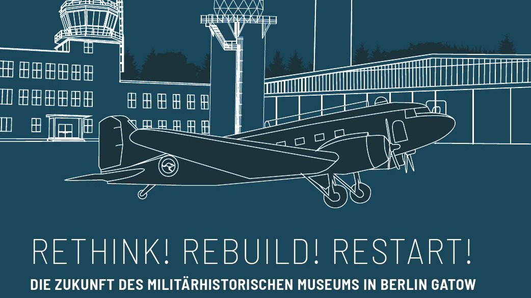 Die Strichzeichnung zeigt ein Flugzeug vor Hangar 4 und Towergebäude. 